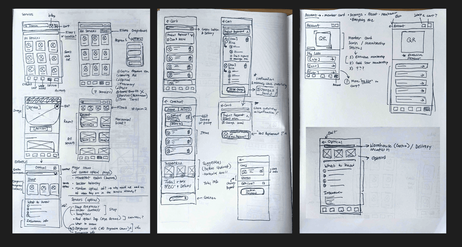 Paper wireframes and flow sketches for the Costco app redesign