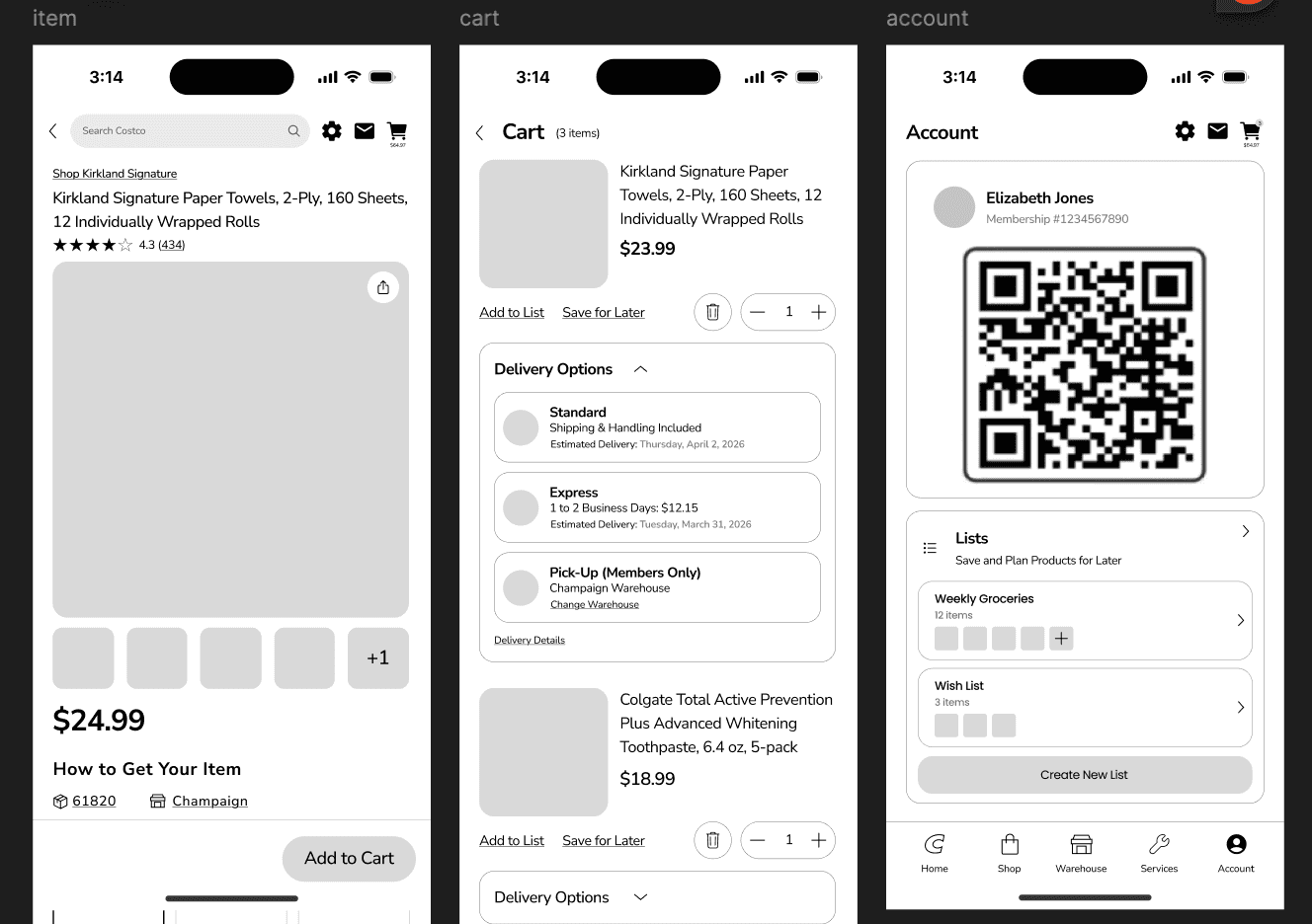 High-fidelity item, cart, and account screens