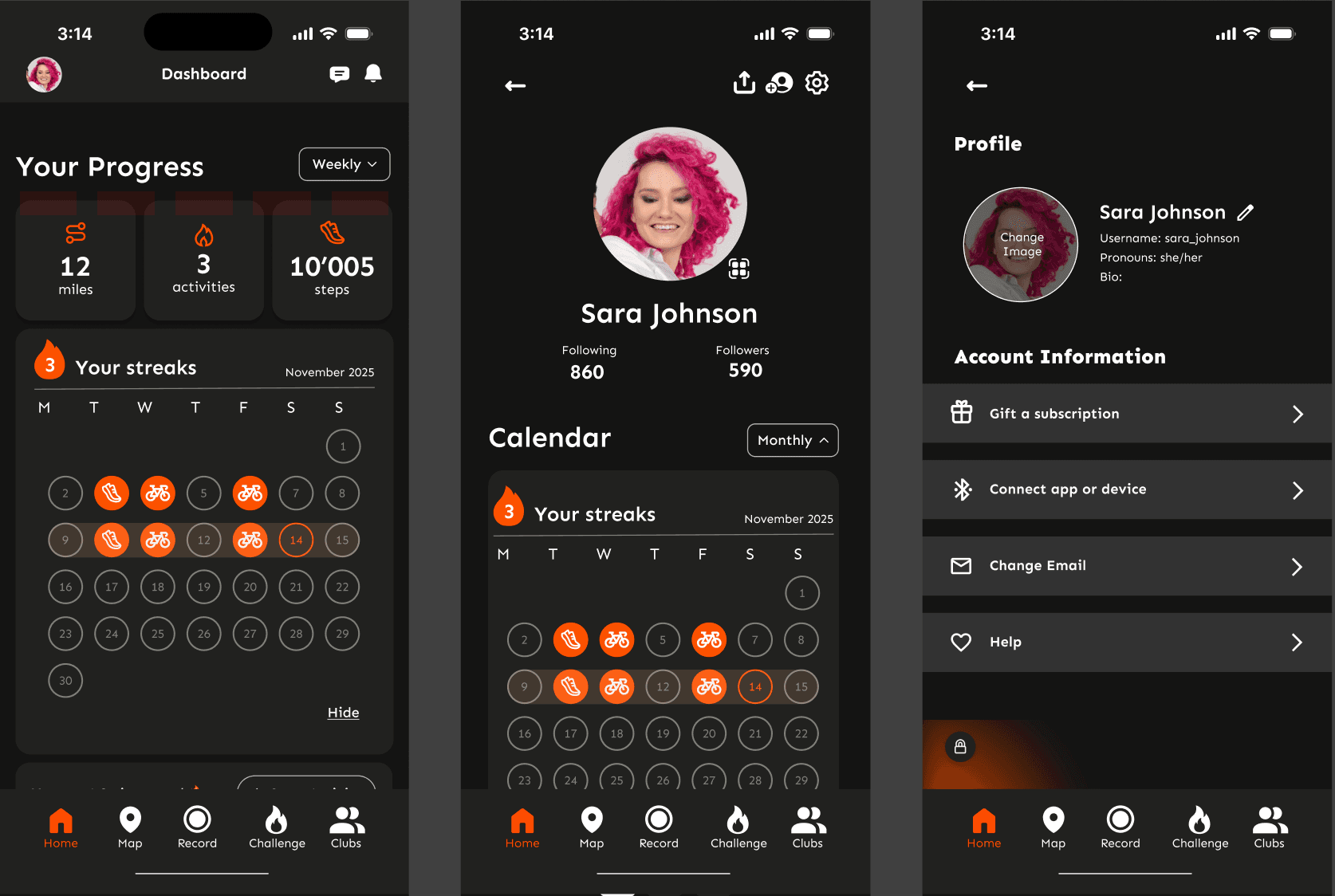 High-fidelity dashboard, profile, and settings screens